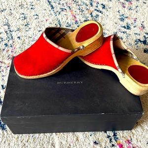 Burberry Red Suede Clog Shoes with Check Lining
